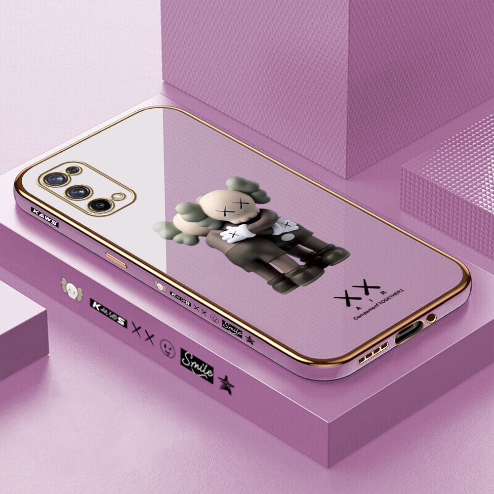 Luxury 6D Plating Case for Realme X7 Embrace Cartoon Bear Side Pattern Back Cover Soft Silicone Square Frame Shiny Bling Phone Cases + Free Lanyard