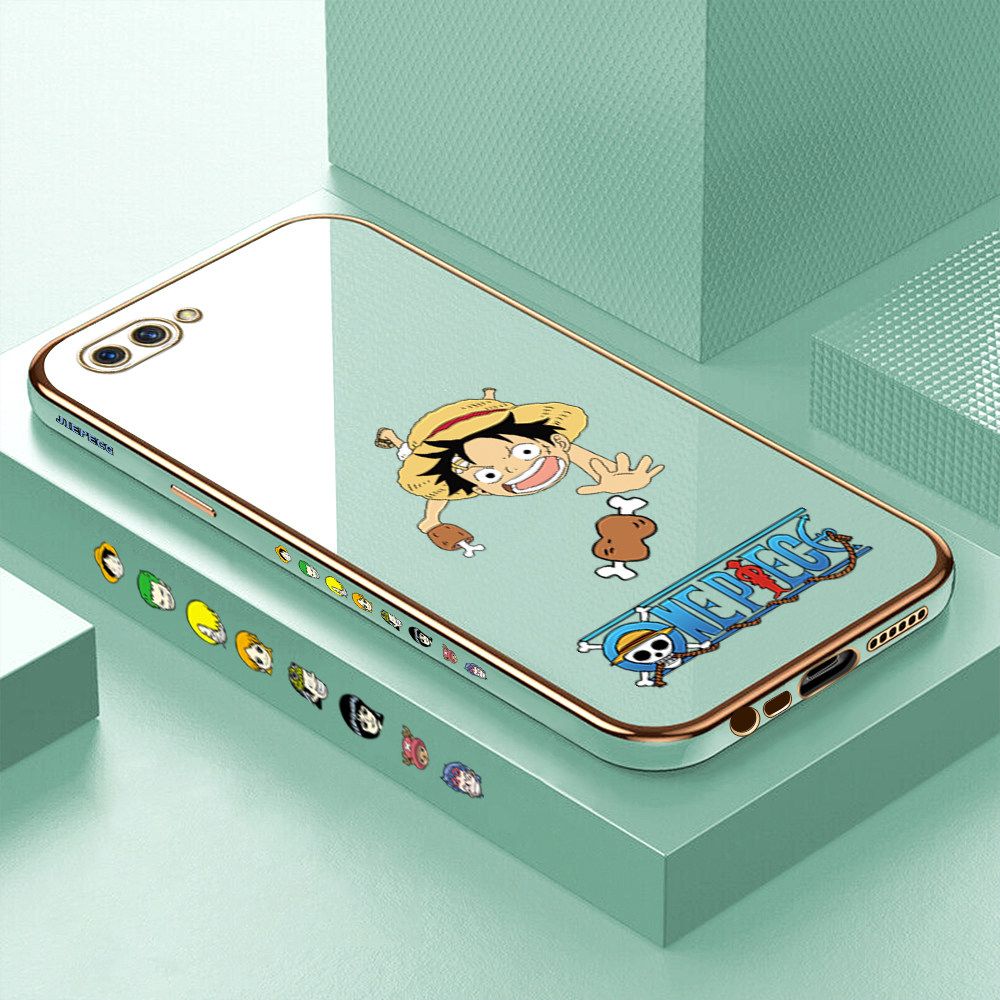 Luxury 6D Plating Case for OPPO A12E Gluttonous Cartoon Luffy Side Pattern Back Cover Soft Silicone Square Frame Shiny Bling Phone Cases + Free Lanyard