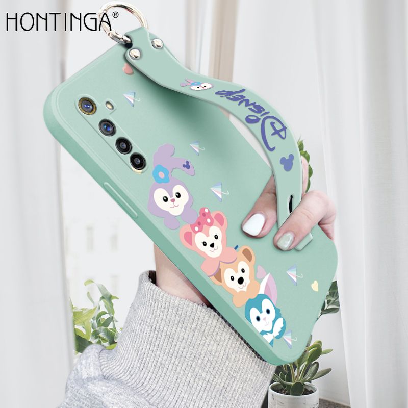 Hontinga for Realme 6 / Narzo Wrist Strap Case INS Cute Style Creative Cartoon Rabbit and Fox Cover Thin Square Edge Liquid Silicone Phone Case