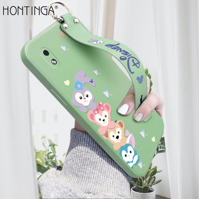 Hontinga for Samsung Galaxy A01 Core Wrist Strap Case INS Cute Style Creative Cartoon Rabbit and Fox Cover Thin Square Edge Liquid Silicone Phone Case