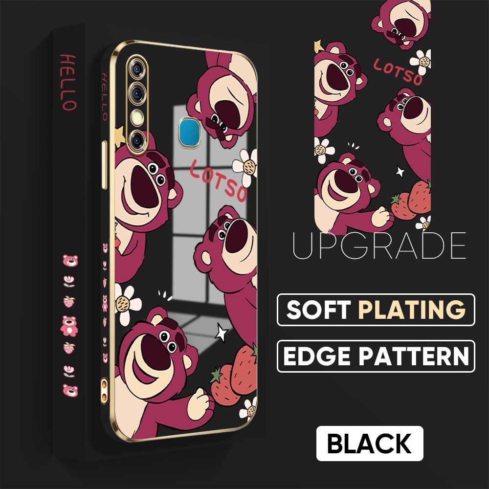 TA for Infinix Hot 8 / Hot 8 Pro / X650 X650C Back Cover + Free Lanyard Cute Bear Luxury 6D Plating Case Side Pattern Soft Silicone Square Phone Cases