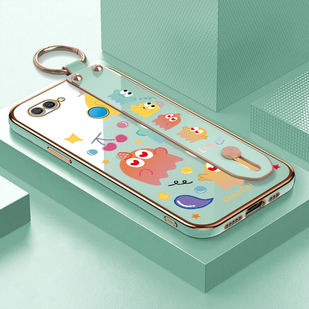 Jizetin for OPPO A7 / A5S / A12 / A12S Back Cover Bean Monster Luxury 6D Plating Wrist Strap Phone Cases Soft Silicone Square Mobile Phone Case
