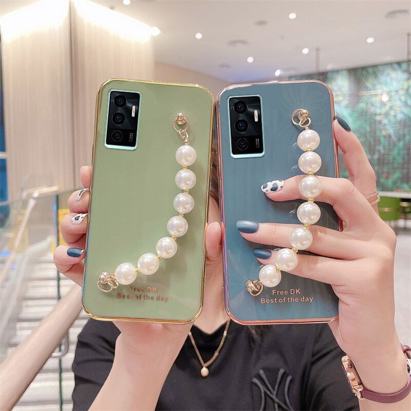 Phone case VIVO V23E Soft Case Transparent Plating Electroplating Shiny Cases + Pearl Bracelet For VIVO V23E Cover