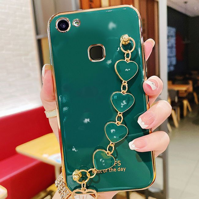 For Vivo V7 Back Cover with Love Heart Chain Wrist Strap Fashion Bracelet Shiny Plating Bumper Protective Case Silicone Shockproof Mobile Phone Cases
