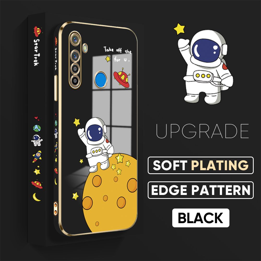 TA for Realme 5 5i 5S 6i Back Cover + Free Lanyard Planet Astronaut Luxury 6D Plating Case Side Pattern Soft Silicone Square Phone Cases