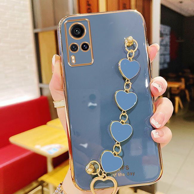 For Vivo X60 Pro Back Cover with Love Heart Chain Wrist Strap Fashion Bracelet Shiny Plating Bumper Protective Case Silicone Shockproof Mobile Phone Cases