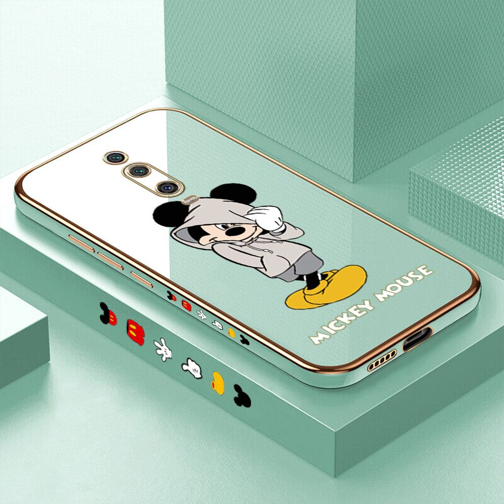 Luxury 6D Plating Case for Xiaomi 9T Cartoon Cool Mouse Side Pattern Back Cover Soft Silicone Square Frame Shiny Bling Phone Cases + Free Lanyard