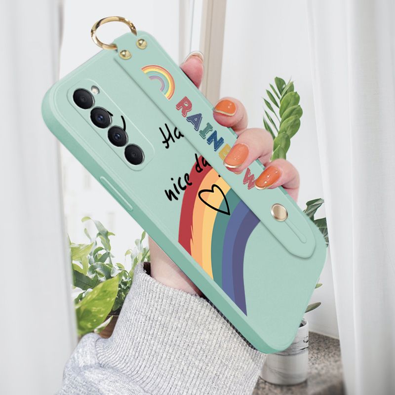 Jizetin for OPPO Reno4 Pro Wrist Strap Case INS Style Smile Rainbow Cover Ultra Thin Anti Fall Liquid Silicone Phone Case