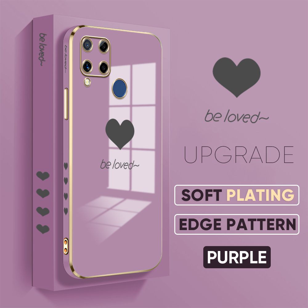 Jizetin (Free Lanyard) Realme C15 Cover Love Luxury 6D Plating Soft Casing Silicone Square Frame Phone Case Shiny Bling Back Cover