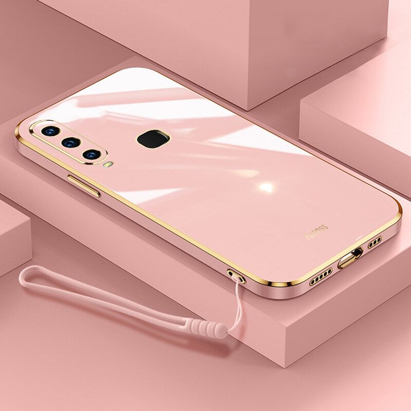 For Vivo Y12 Back Cover + Wrist Strap Luxury Shiny Plating Square Shockproof Bumper Camera Lens Protection Soft TPU Silicone Phone Case