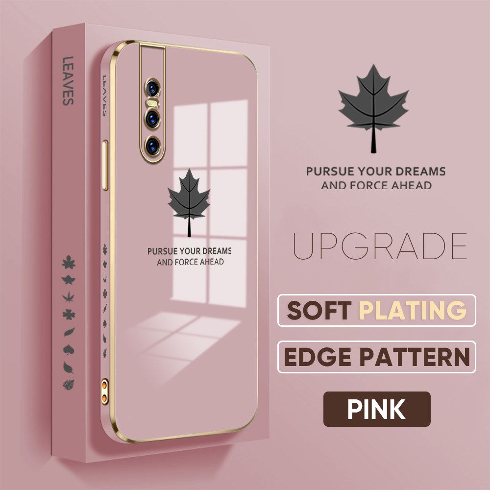 Jizetin (Free Lanyard) Vivo V15 Pro Luxury 6D Plating Soft Casing Silicone Square Frame Phone Case Shiny Bling Back Cover Maple leaf New design Side Drawing Case