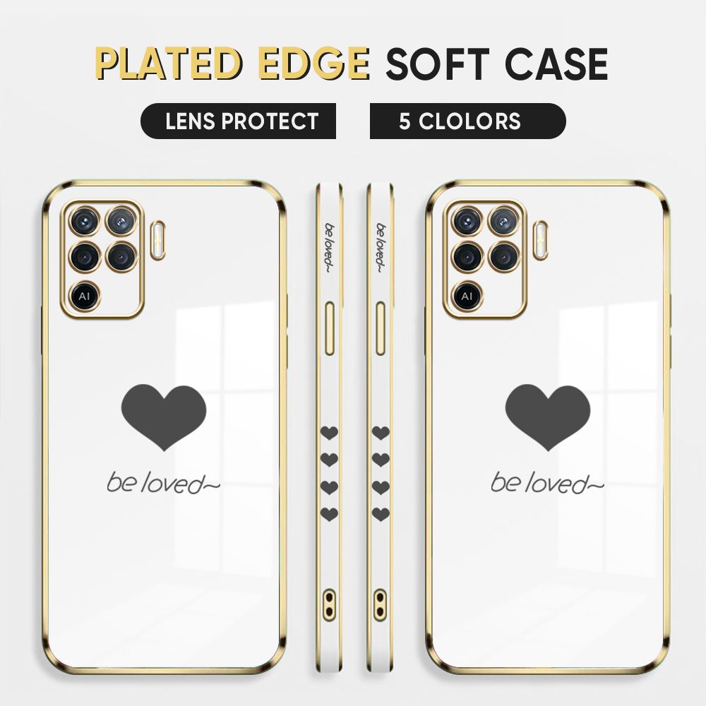 Luxury 6D Plating Case for OPPO Reno5 F Phone Cases Lover Heart Side Print Soft Silicone Square Back Cover
