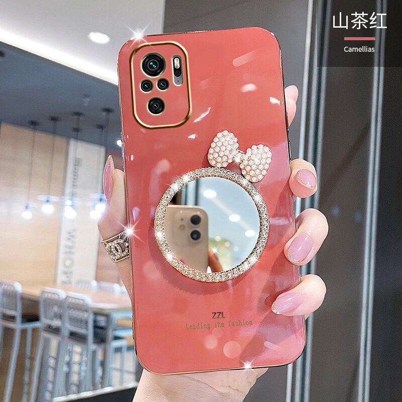 For Xiaomi Redmi Note 10S Back Cover + Bowknot Makeup Mirror Fashion Shiny Plating Square Bumper Bling Girls Phone Case Soft TPU Silicone Shockproof Back Cover