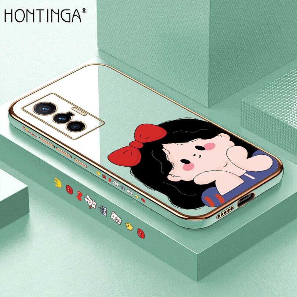 Hontinga for Vivo X70 5G Back Cover + Free Lanyard Luxury 6D Plating Cute Bow Girl Side Pattern Case Soft Silicone Square Mobile Cover