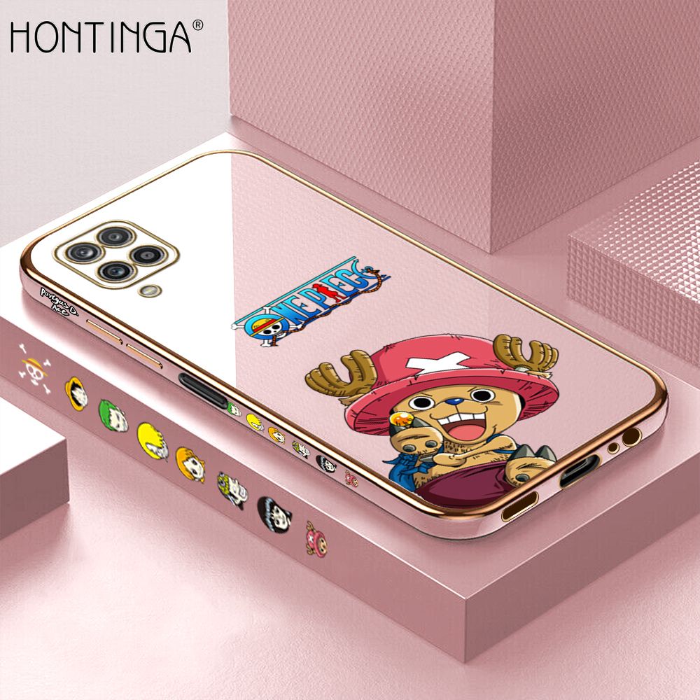 Hontinga for Samsung M12 A12 4G/5G Back Cover + Free Lanyard Luxury 6D Plating Cute Cartoon Choba Side Pattern Case Soft Silicone Square Mobile Cover