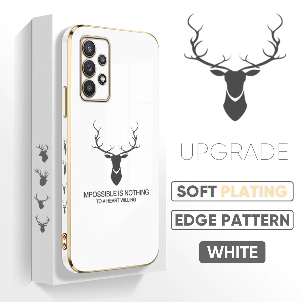 Jizetin (Free Lanyard) Samsung A32 Cover Simple Antlers Luxury 6D Plating Soft Casing Silicone Square Frame Phone Case Shiny Bling Back Cover