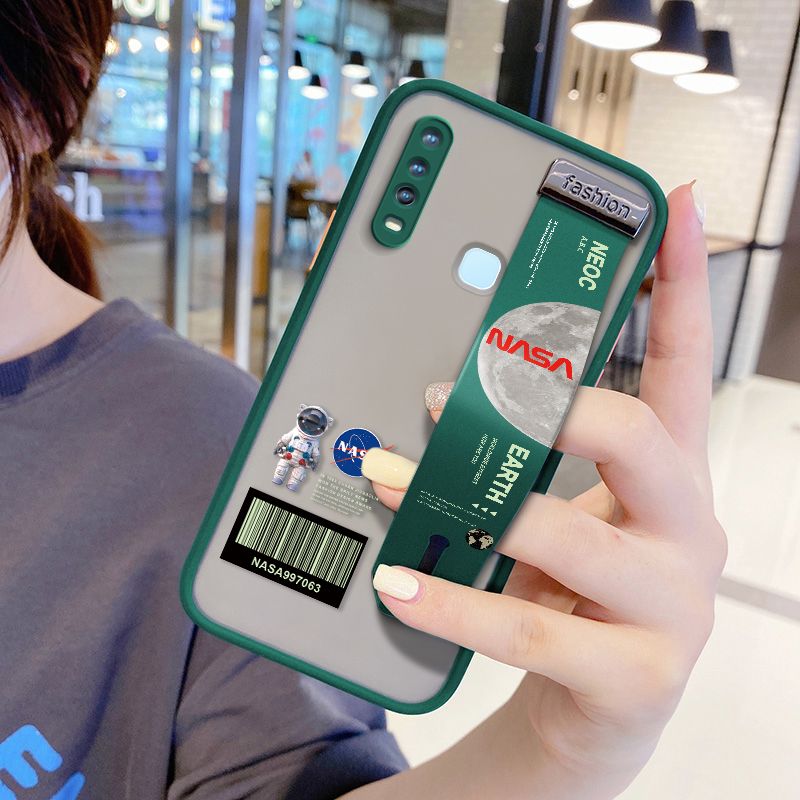 UCUC for Vivo Y15 Wrist Strap Case Creative Cartoon Astronaut Wristband Printing Cover Shockproof Frosted Phone Case