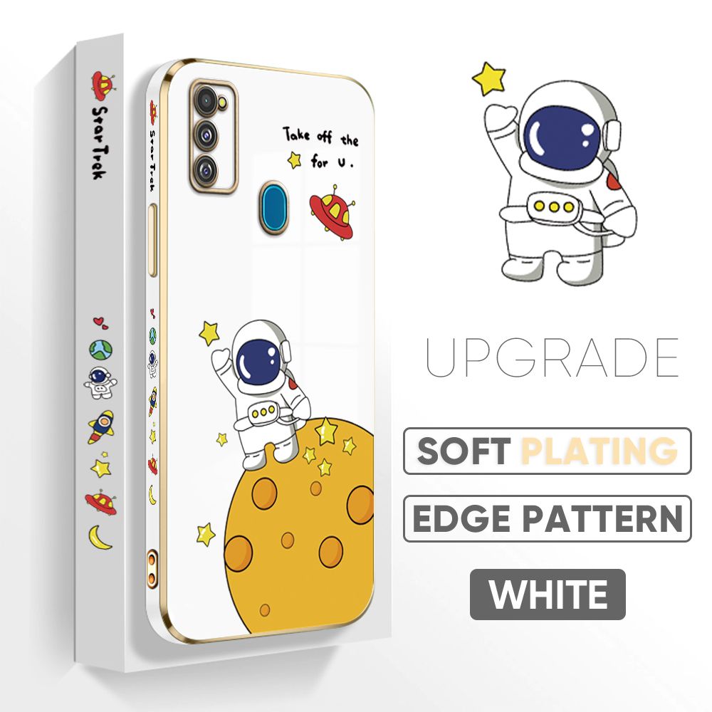 Jizetin (Free Lanyard) Samsung M21 / M30S Cover Astronaut Planet Luxury 6D Plating Soft Casing Silicone Square Frame Phone Case Shiny Bling Back Cover