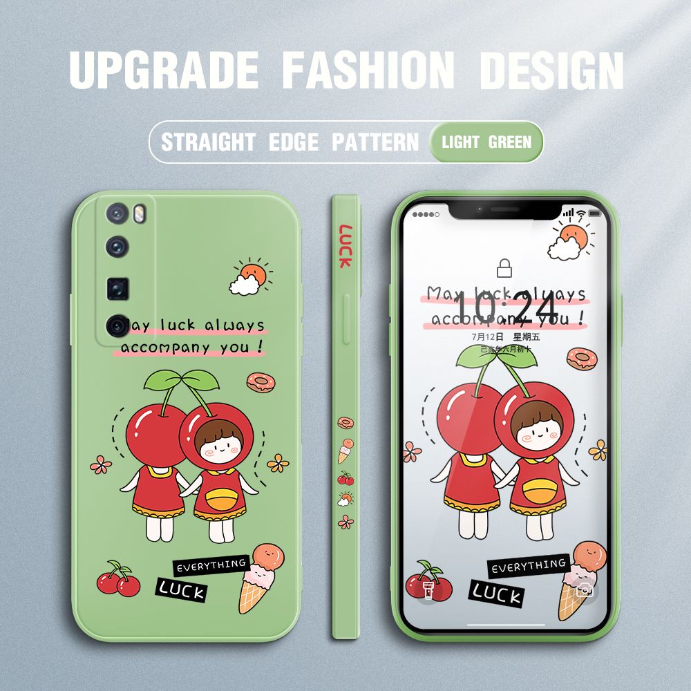 Jizetin for Huawei Nova 7 Pro Case Fashion Cherry Girl Design Side Design Phone Case Square Edge Pattern Liquid Silicone Cases Full Cover Camera Shockproof Protective Case