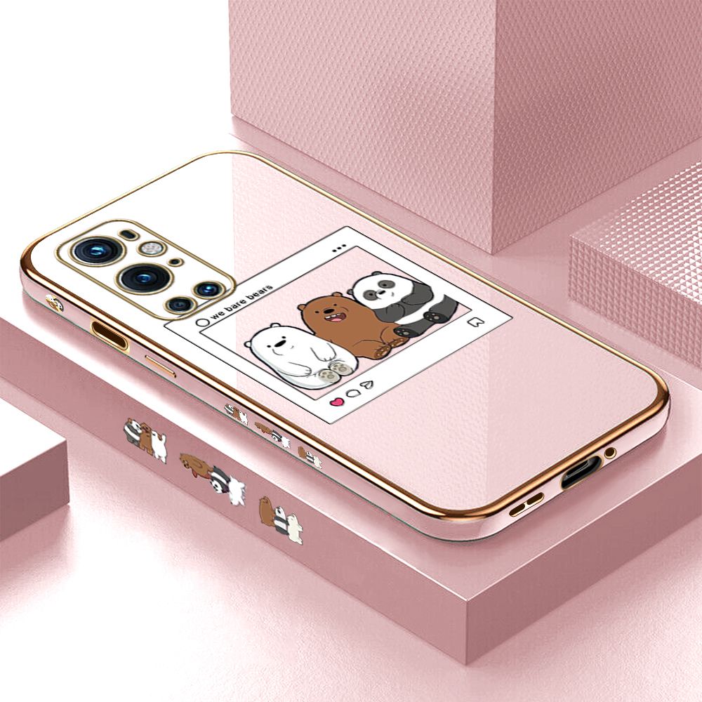 Luxury 6D Plating Case for OnePlus 9 Pro Cute Cartoon Anime Bears Side Pattern Back Cover Soft Silicone Square Frame Shiny Bling Phone Cases + Free Lanyard