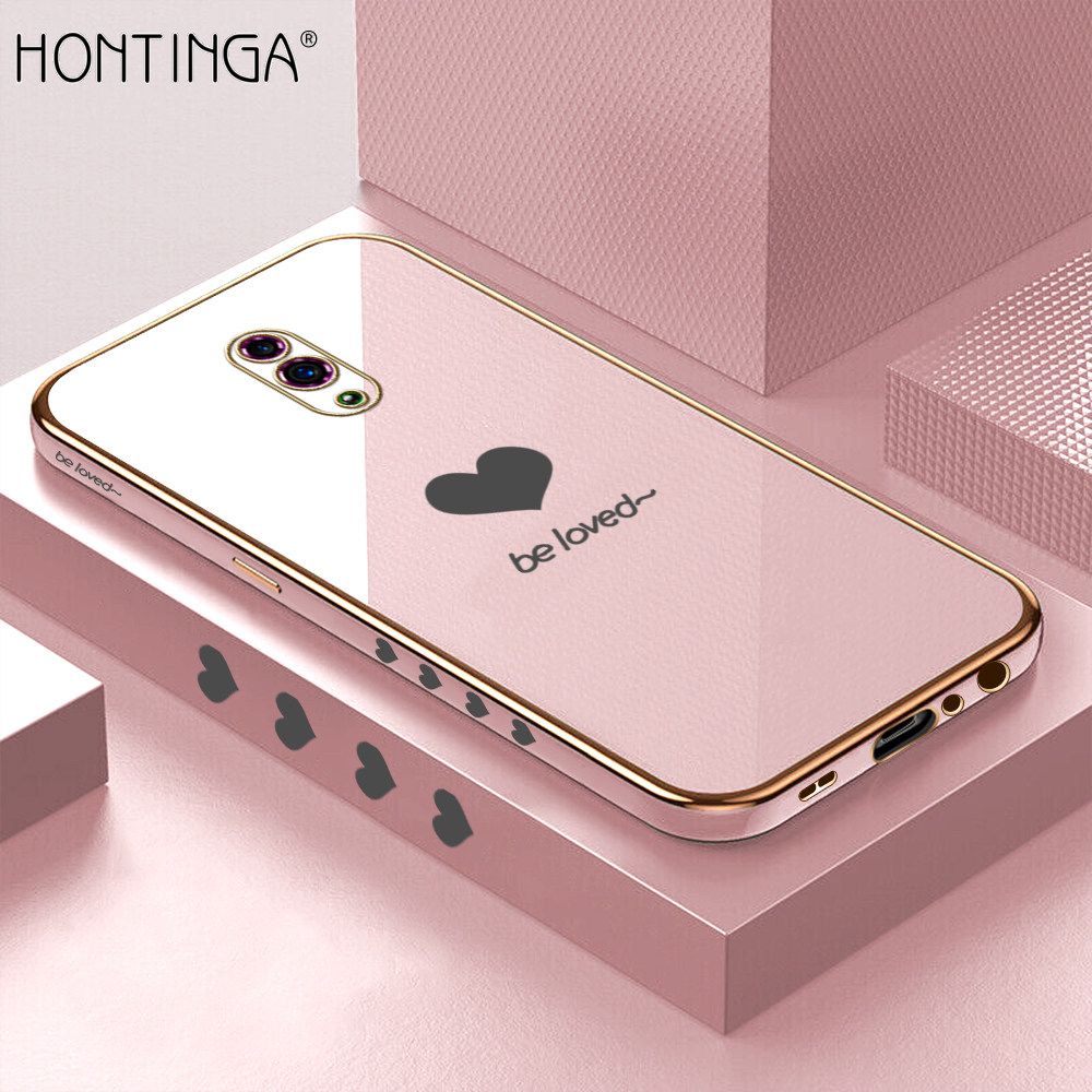 Hontinga for OPPO Reno Back Cover + Free Lanyard Luxury 6D Plating Cartoon Lover Heart Side Pattern Case Soft Silicone Square Phone Cases