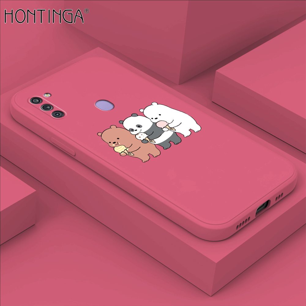 Hontinga for Samsung Galaxy M11 Case Cute Cartoon Bear  Phone Case Soft Square Edge Silicone Cases Full Lens Cover Shockproof Protection Cover