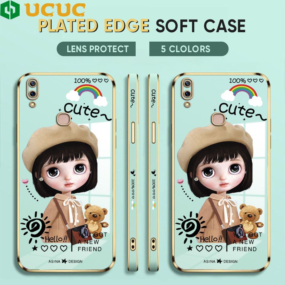 UCUC for Vivo Y85 V9 Z1 Z1i Back Cover + Free Lanyard Sunshine Girl Luxury 6D Plating Case Side Pattern Soft Silicone Square Phone Cases
