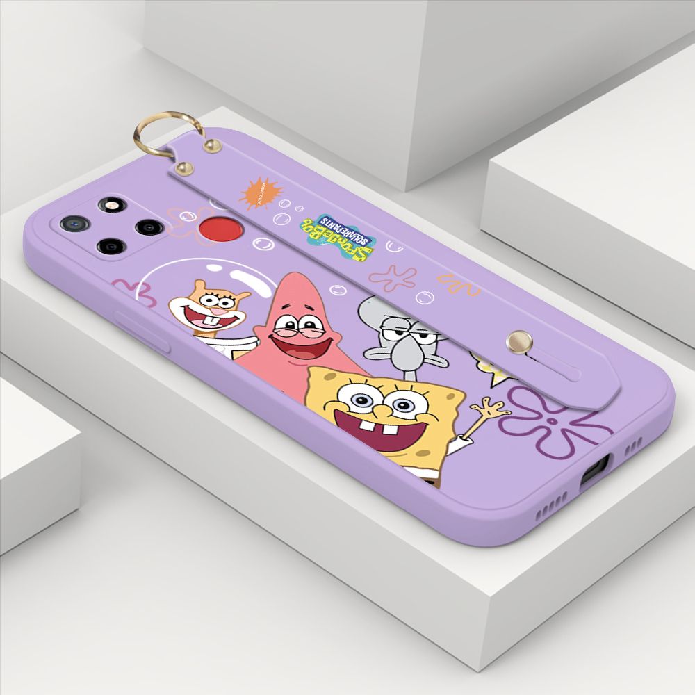 ZeroQiQi for Realme Narzo 20 Wrist Strap Case Cute Cute Funny Cartoon Sponge for Square Pants Cover Square Edge Liquid Silicone Anti-drop Phone Case