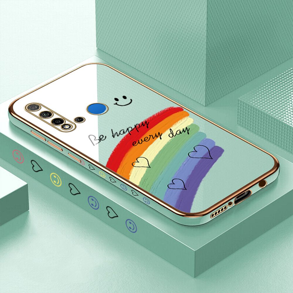 Luxury 6D Plating Case for Huawei Nova 5I Smile Rainbow Side Pattern Back Cover Soft Silicone Square Phone Cases + Free Lanyard