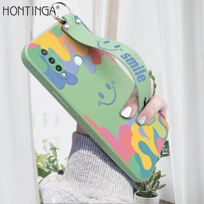 Hontinga for Vivo Y19 Wrist Strap Case Soft Candy Color Splash Ink Cover Trend Square Printed Pattern Liquid Silicone Phone Case