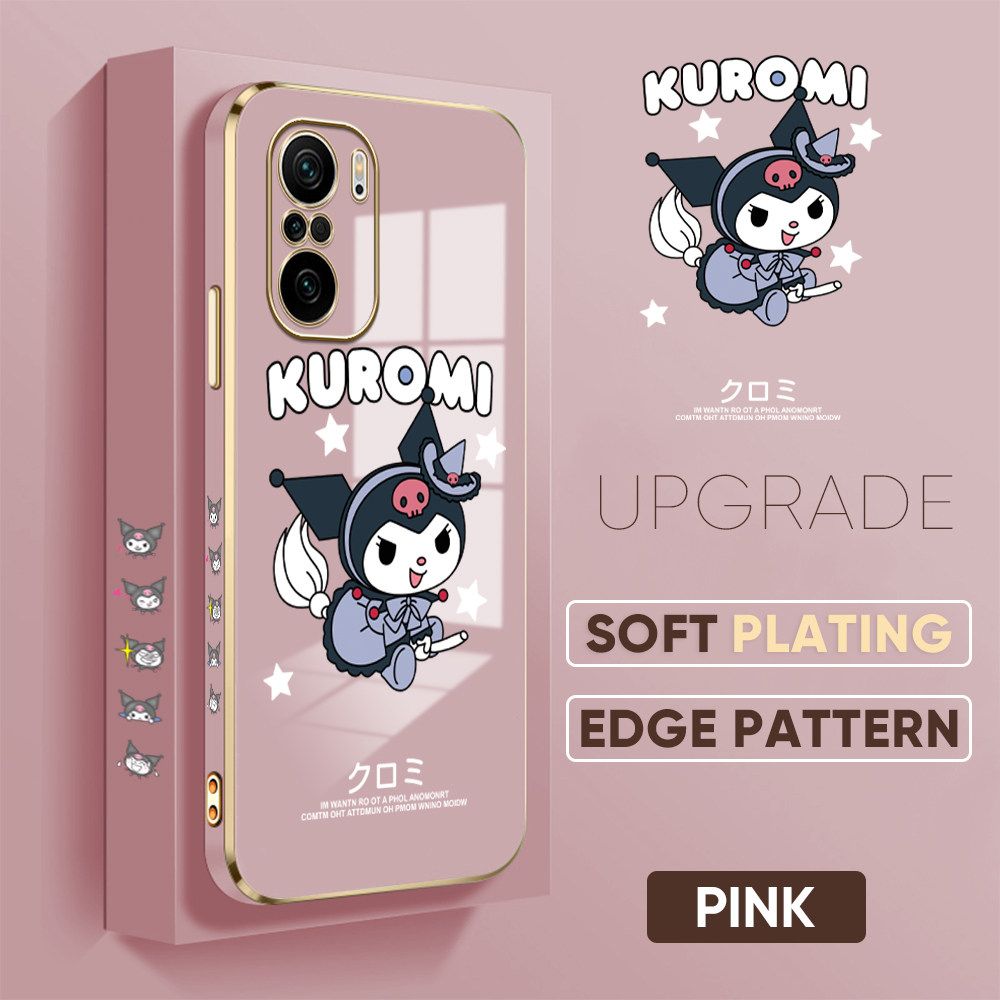 TA for Redmi K40 / K40 Pro / Xiaomi Poco F3 Back Cover + Free Lanyard Cute Kuromi Luxury 6D Plating Case Side Pattern Soft Silicone Square Phone Cases