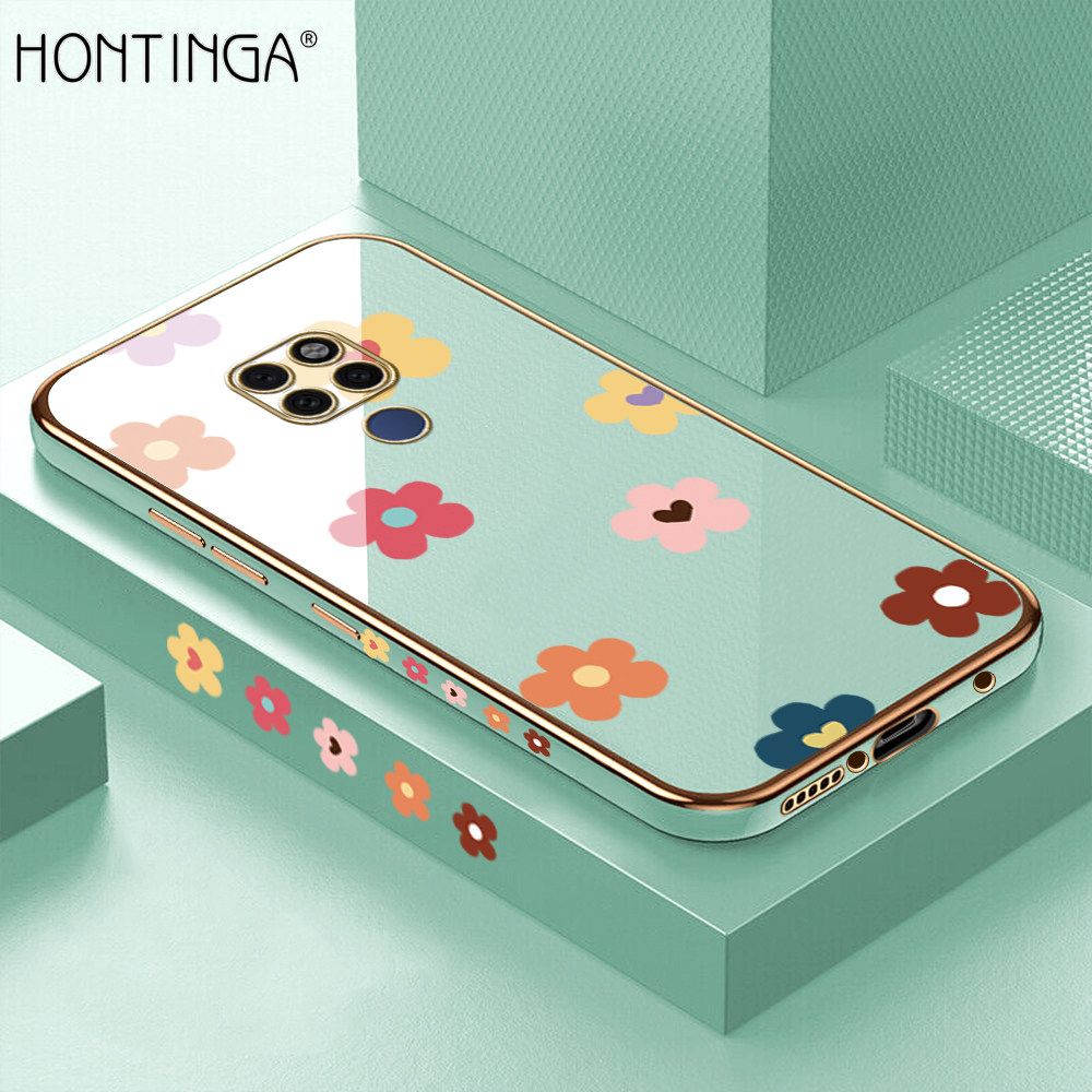 Hontinga for Huawei Mate 20 Back Cover + Free Lanyard Luxury 6D Plating Falling Flower Side Pattern Case Soft Silicone Square Mobile Cover