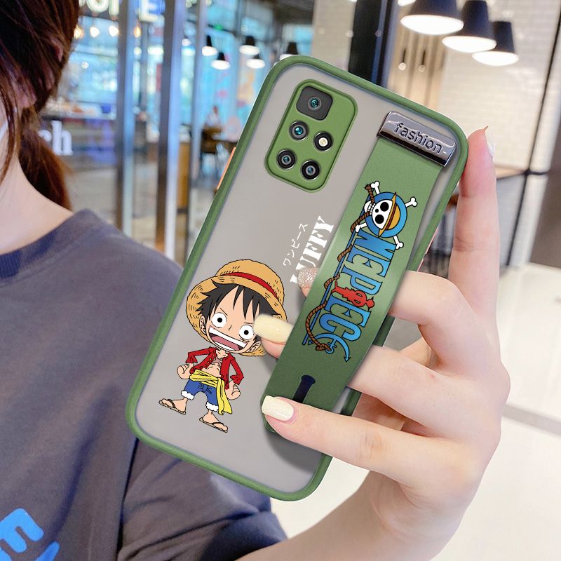 UCUC for Xiaomi Redmi 10 Wrist Strap Case Anime One Piece Luffy Wristband Printing Cover Shockproof Frosted Phone Case
