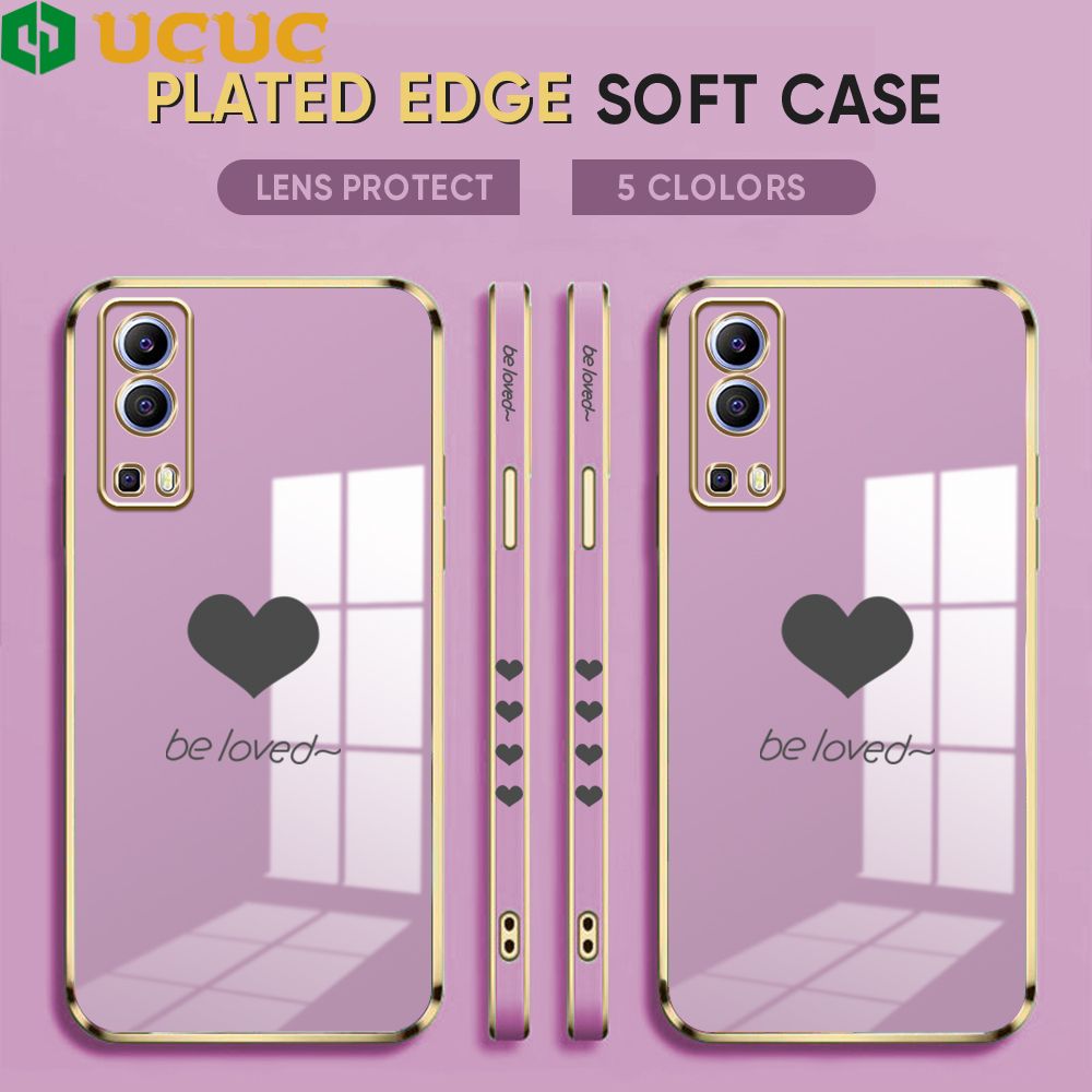 UCUC for Vivo Y72 5G / Y52 5G Back Cover + Free Lanyard Lover Heart Luxury 6D Plating Case Side Pattern Soft Silicone Square Phone Cases