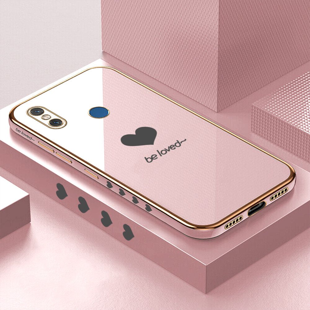 Luxury 6D Plating Soft Casing Silicone Square Frame Phone Case For Xiaomi 8 Case Shiny Bling Back Cover Lover Heart Square Edge Pattern Design Soft Case + Free Lanyard