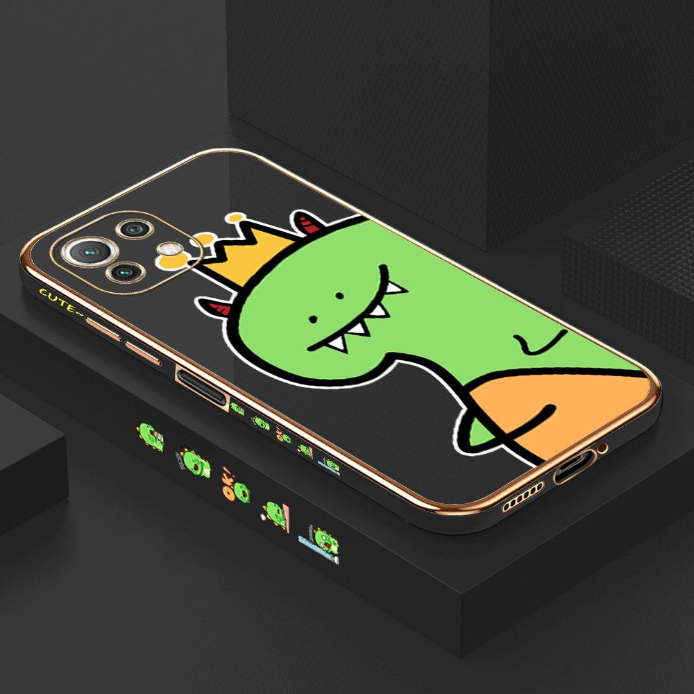 Luxury 6D Plating Case for Xiaomi 11 Lite 5G Cute Little Dinosaur Side Pattern Back Cover Soft Silicone Square Frame Shiny Bling Phone Cases + Free Lanyard