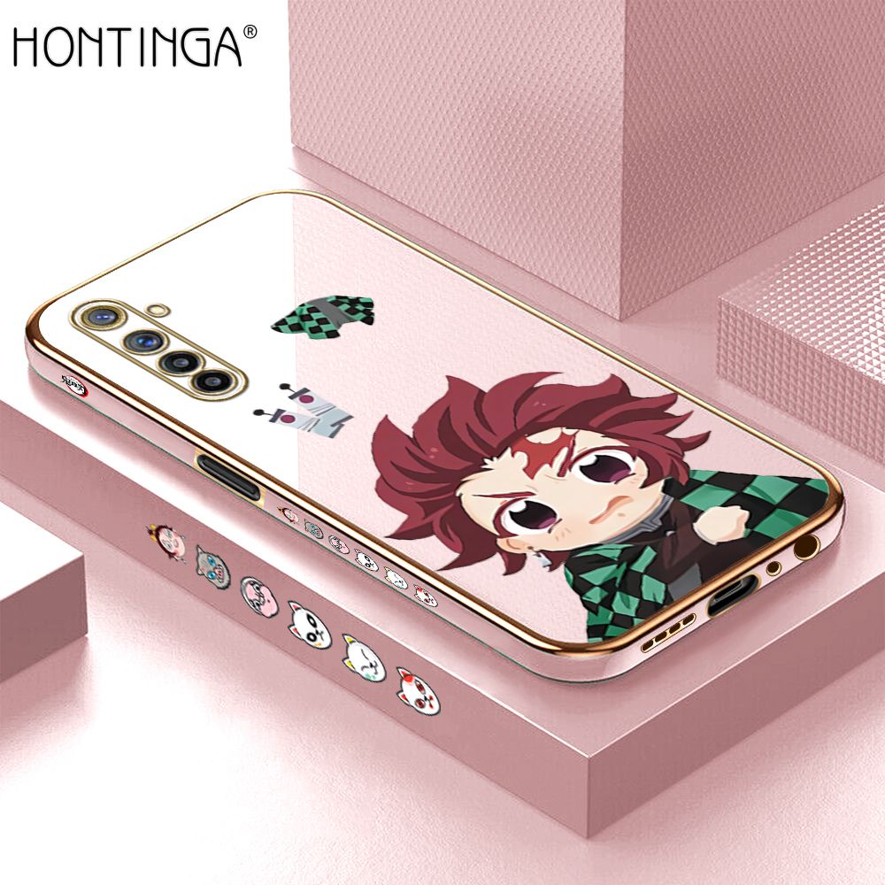 Hontinga for Realme 6 Pro Back Cover + Free Lanyard Luxury 6D Plating Cartoon Anime Tanjirou Side Pattern Case Soft Silicone Square Mobile Cover