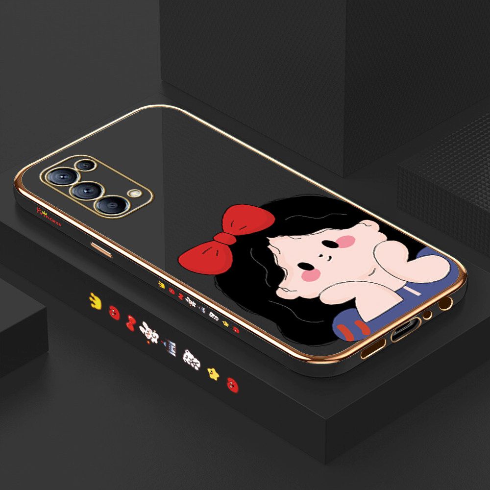 Luxury 6D Plating Soft Casing Silicone Square Frame Phone Case For OPPO Reno5 5G Case Shiny Bling Back Cover Cartoon Cute Bow Girl Square Edge Pattern Design Soft Case + Free Lanyard