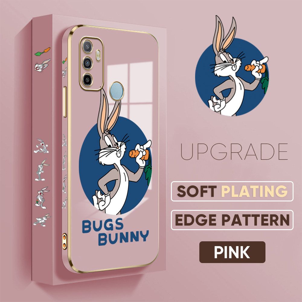 Jizetin (Free Lanyard) OPPO A53 2020 / A33 2020 Back Cover Anime Rabbit Luxury 6D Plating Case Side Pattern Soft Silicone Square Mobile Phone Cases