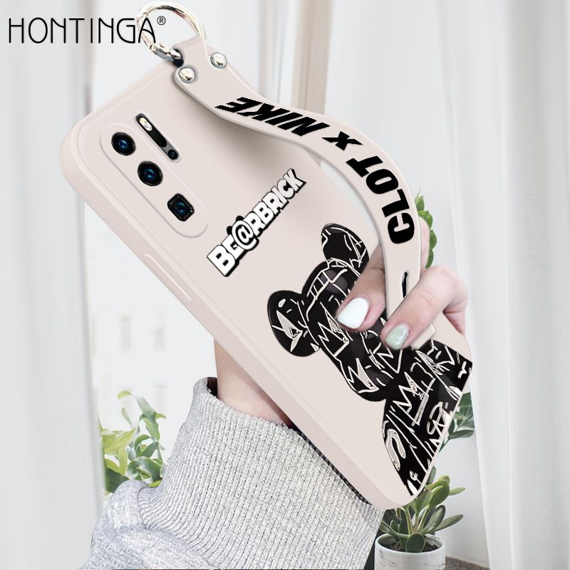 Hontinga for Huawei P30 Pro Wrist Strap Case Fashion Black Brand Bear Phone Case Square Edge Liquid Silicone Cases Full Cover Camera Shockproof Protection Cases