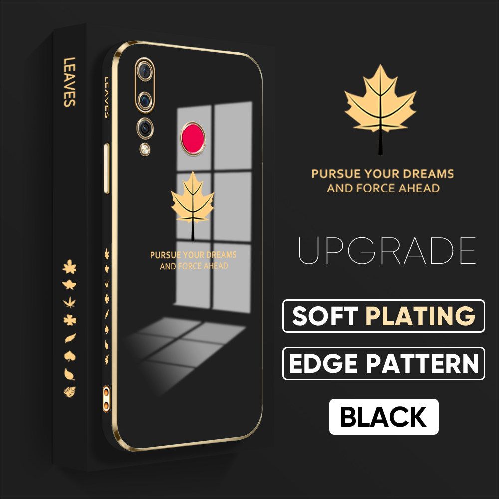 Jizetin (Free Lanyard) Huawei Nova 4 Luxury 6D Plating Soft Casing Silicone Square Frame Phone Case Shiny Bling Back Cover Maple leaf New design Side Drawing Case