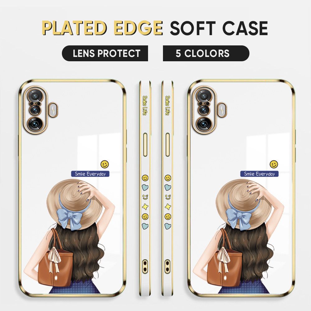 Luxury 6D Plating Case for Xiaomi 10 Back Cover Cartoon Hat Girl Side Print Soft Silicone Square Phone Cases