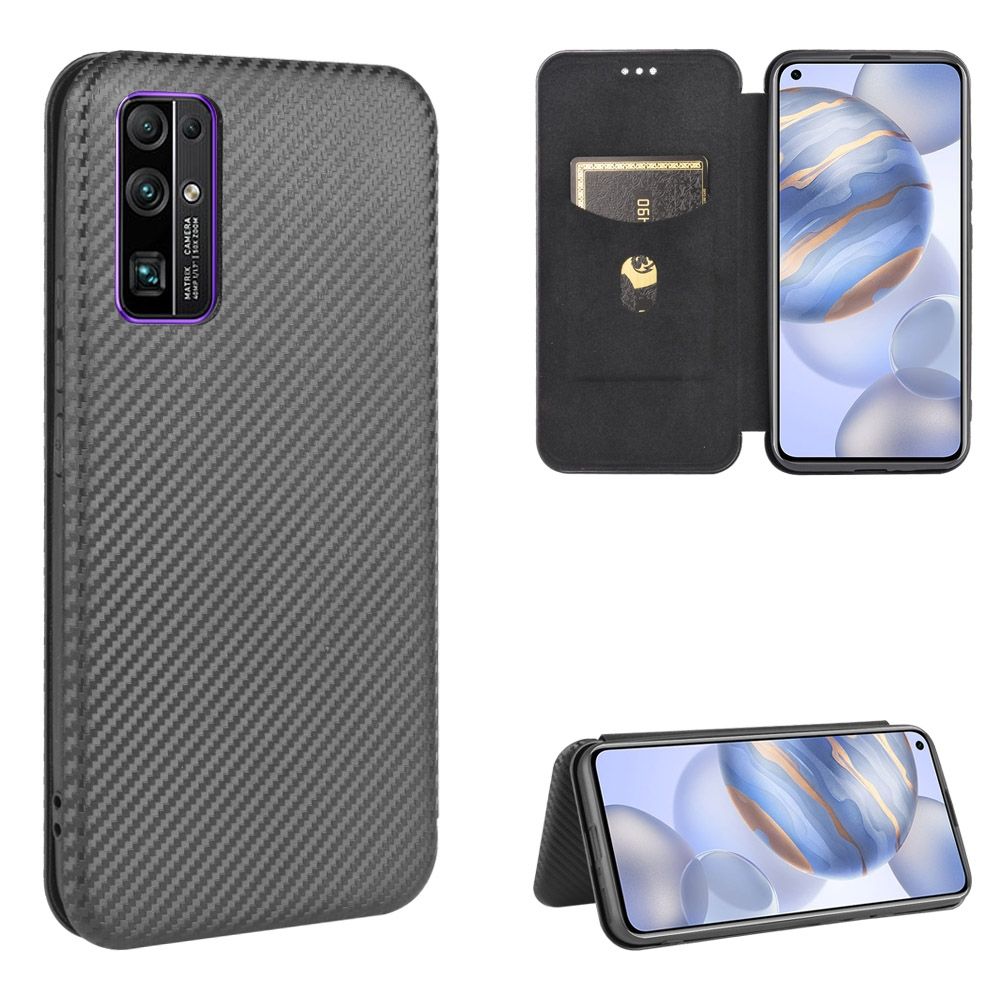 (Ready Stock)For Huawei Honor 30 Carbon Fiber Texture Magnetic Horizontal Flip TPU + PC + PU Leather Case with Card Slot(Brown)