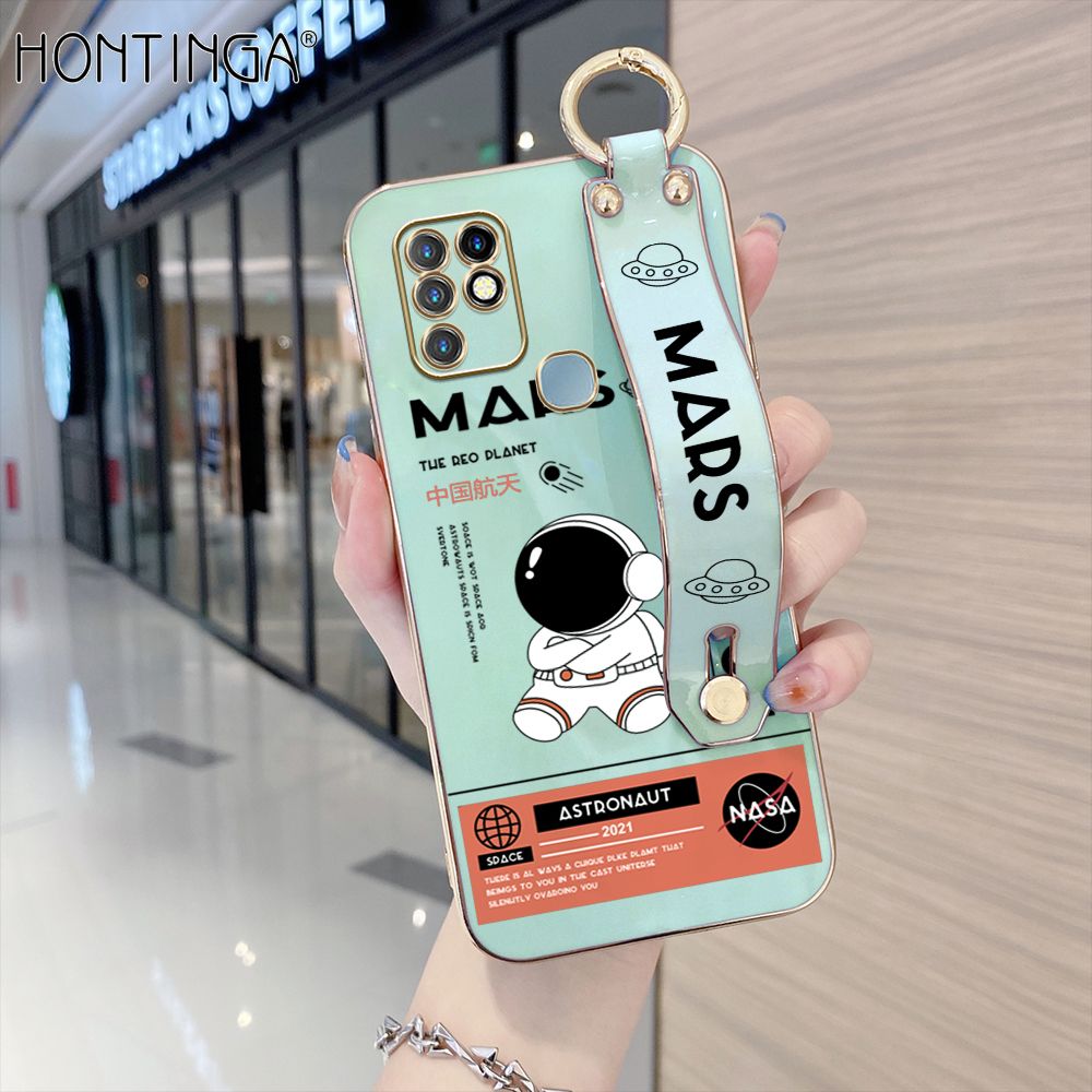 Hontinga for Infinix Hot 10 Back Cover With Wristband Luxury 6D Plating Cute Space Astronaut  Case Soft Silicone Square Phone Cases