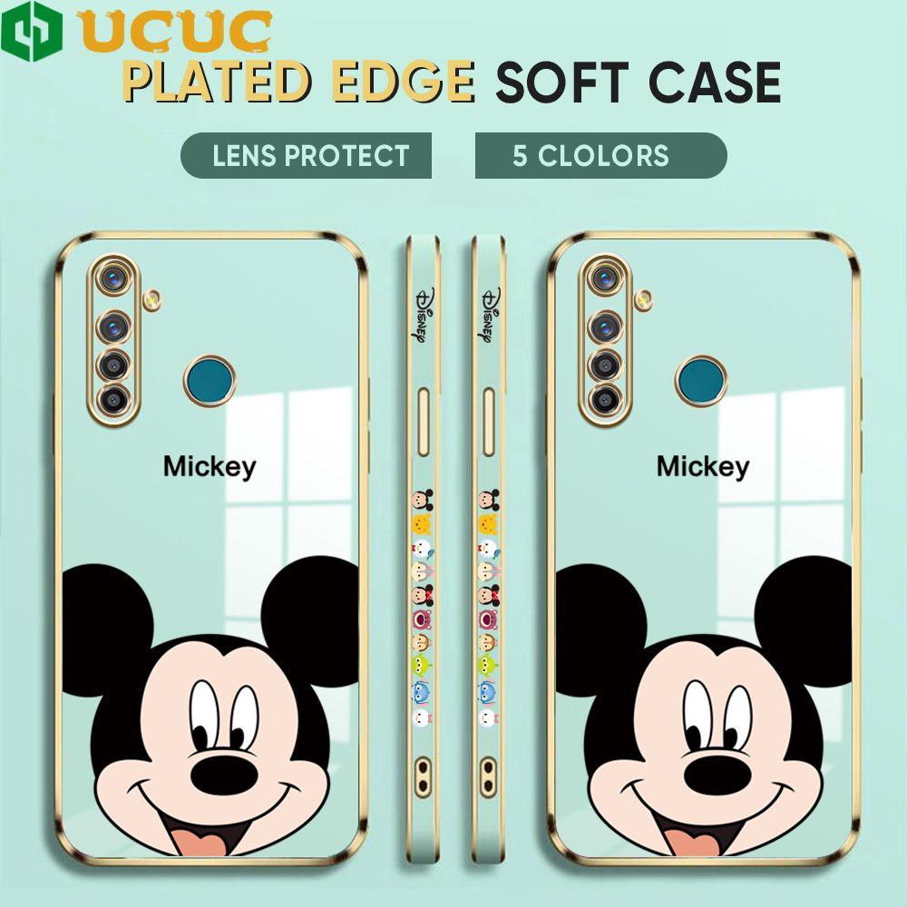 UCUC for Realme 5 Pro Back Cover + Free Lanyard Cute Mouse Luxury 6D Plating Case Side Pattern Soft Silicone Square Phone Cases