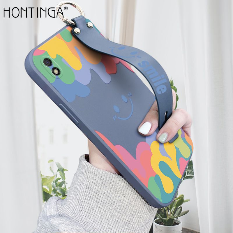 Hontinga for Xiaomi Redmi 9A Wrist Strap Case Soft Candy Color Splash Ink Cover Trend Square Printed Pattern Liquid Silicone Phone Case