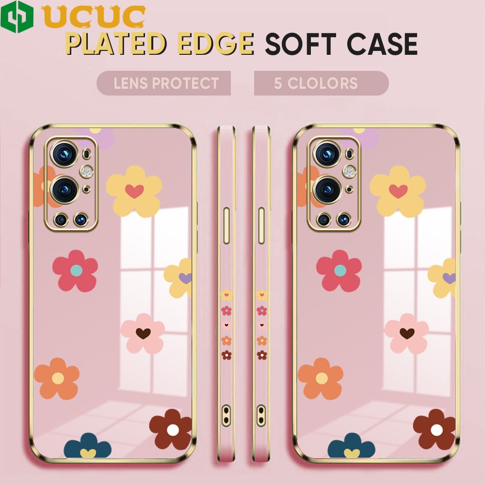 UCUC for OnePlus 9 Pro Back Cover + Free Lanyard INS Style Flower Luxury 6D Plating Case Side Pattern Soft Silicone Square Phone Cases
