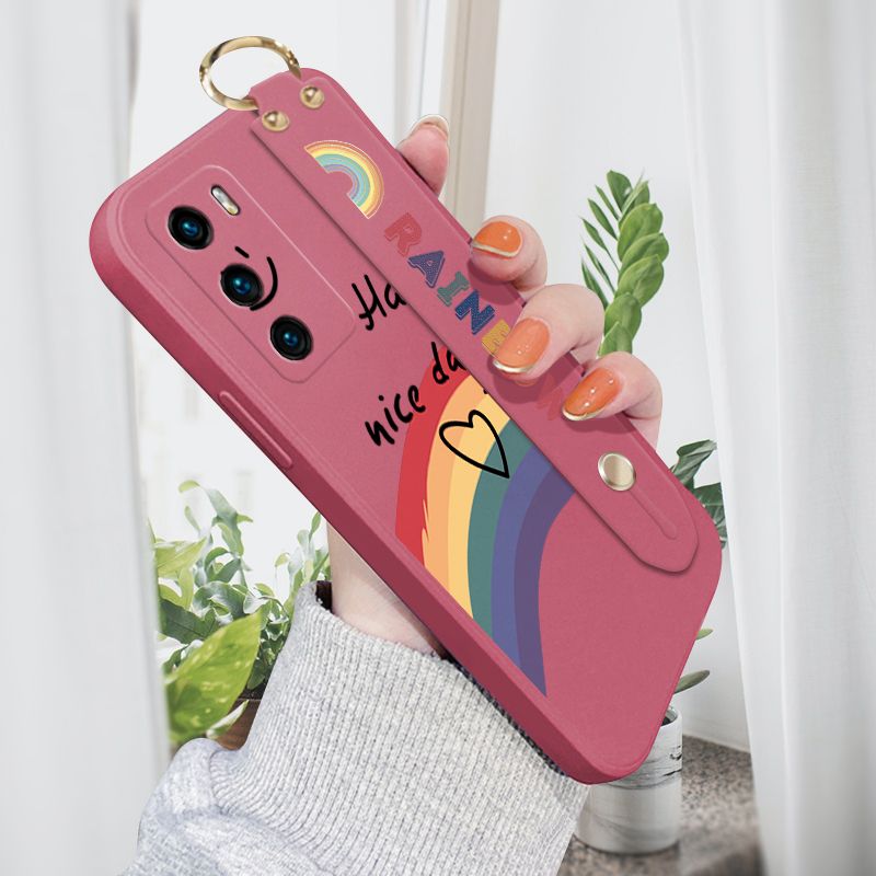 Jizetin for Huawei P40 Wrist Strap Case INS Style Smile Rainbow Cover Ultra Thin Anti Fall Liquid Silicone Phone Case