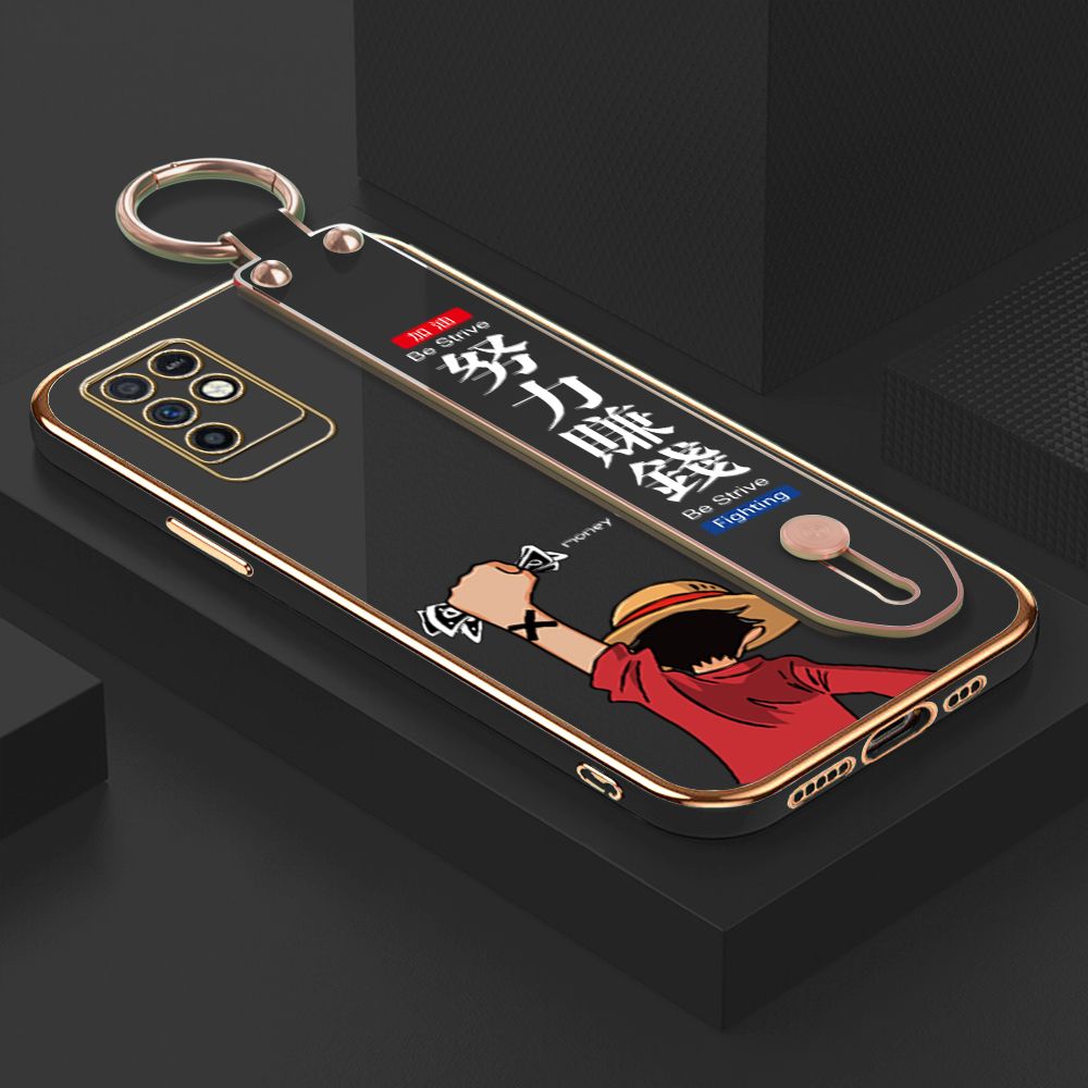 TA for Infinix Note 10 Wrist Strap Back Cover Struggle Luffy Fashion Luxury 6D Plating Soft Casing Silicone Square Frame Phone Case