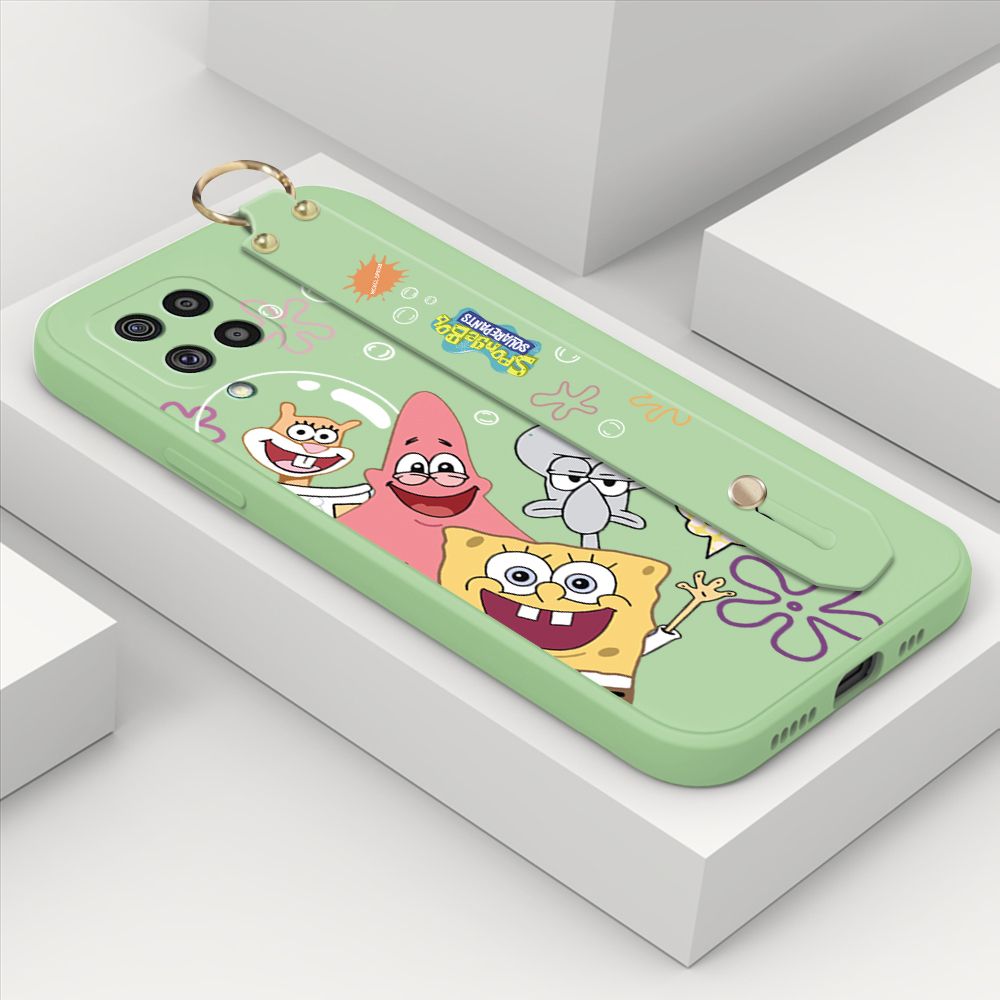 ZeroQiQi for Samsung Galaxy M62 Wrist Strap Case Cute Cute Funny Cartoon Sponge for Square Pants Cover Square Edge Liquid Silicone Anti-drop Phone Case